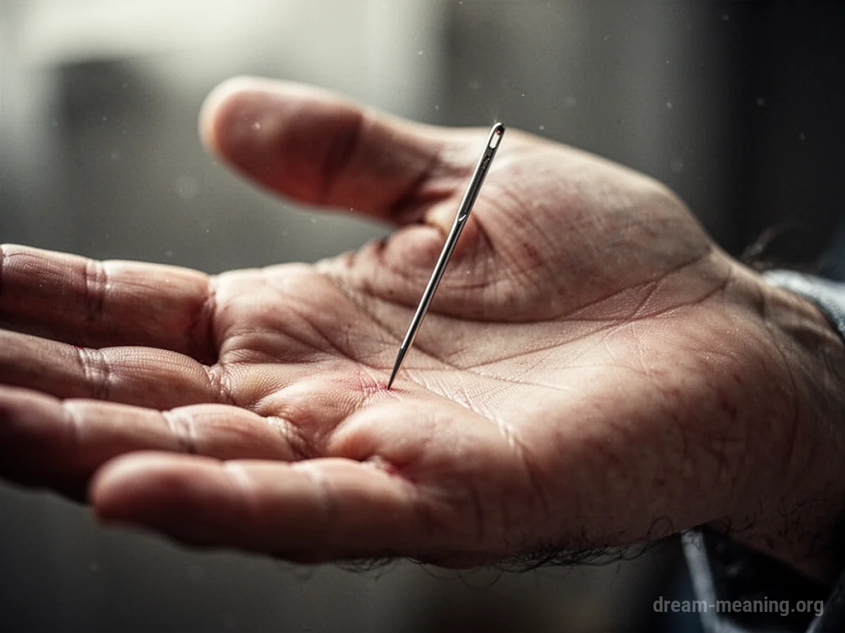 A sewing needle embedded in the fleshy part of a person's palm.