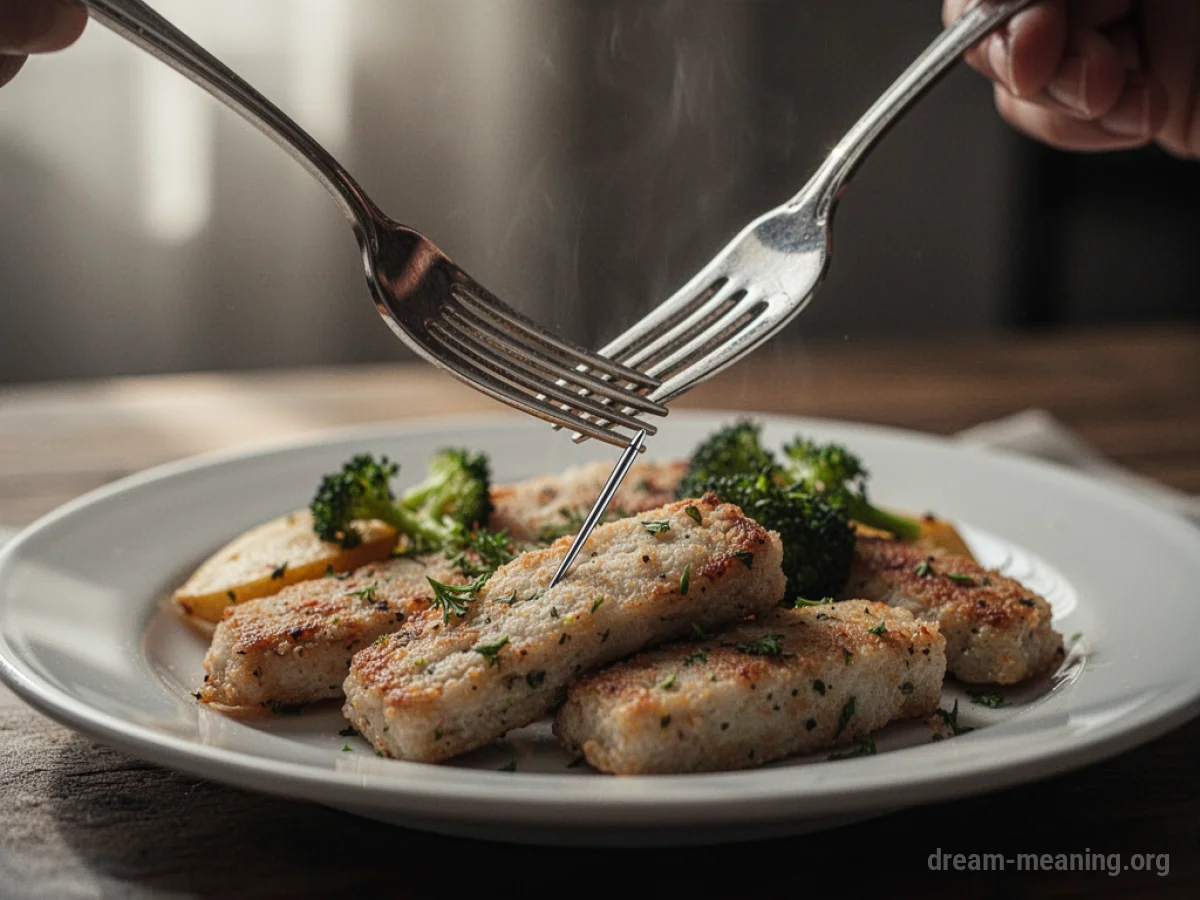 A fork poised above a plate of food where a single needle is visible within the food.