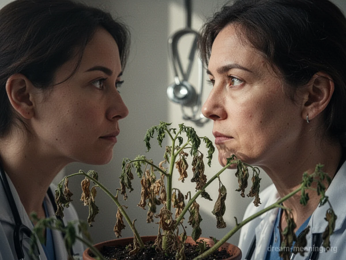 A wilting plant with a person turning their back to it, a faint stethoscope shadow is visible.