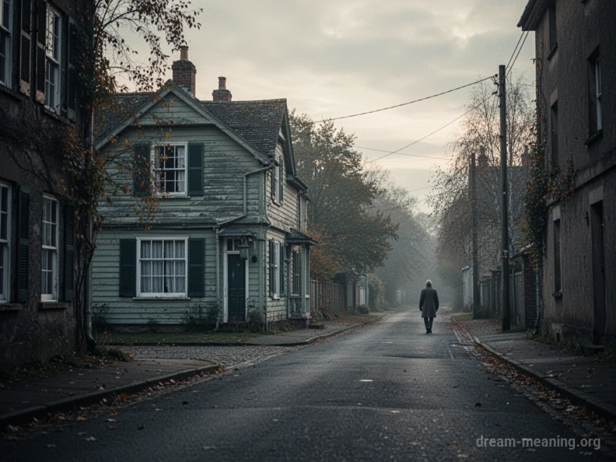 A lone house on a street with a distant figure walking away.