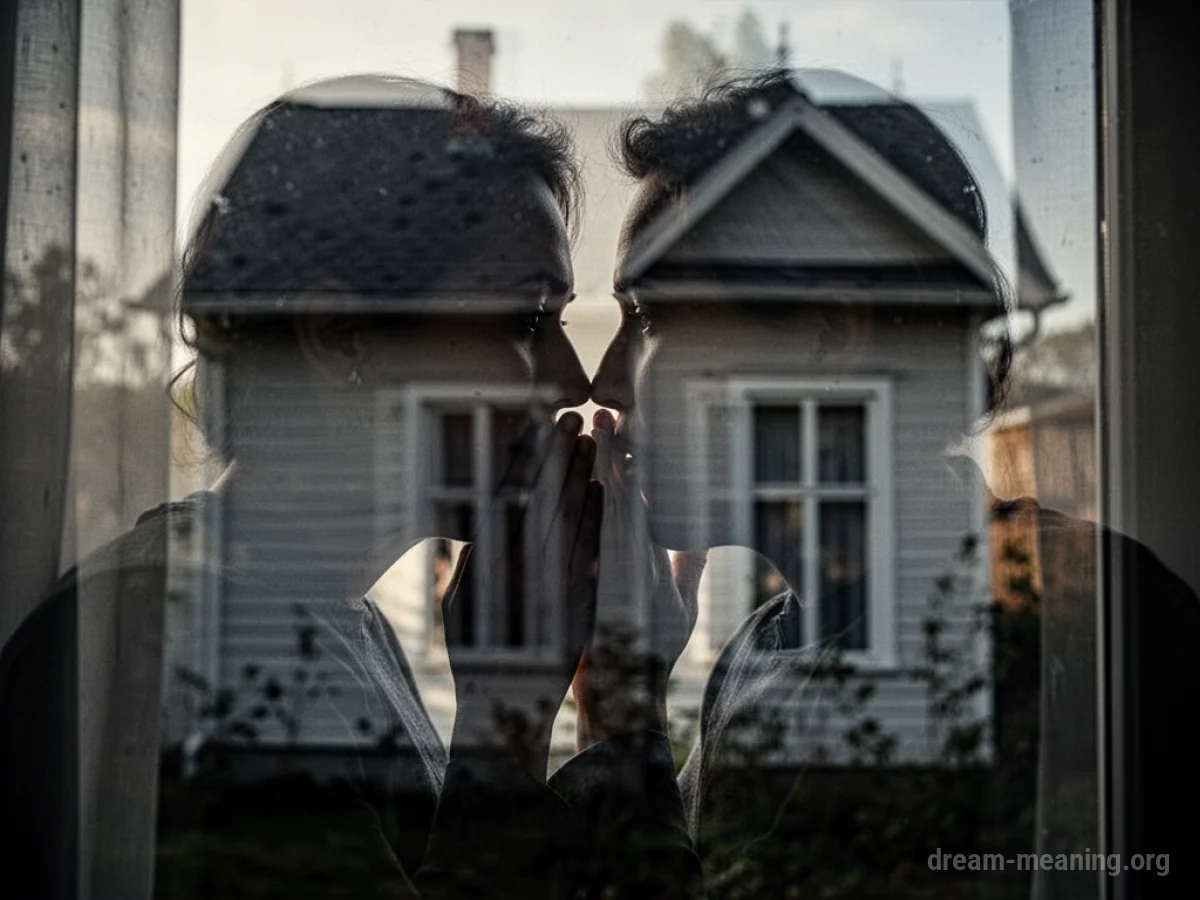 Silhouette of a person whispering behind their hand with a distorted house reflection.
