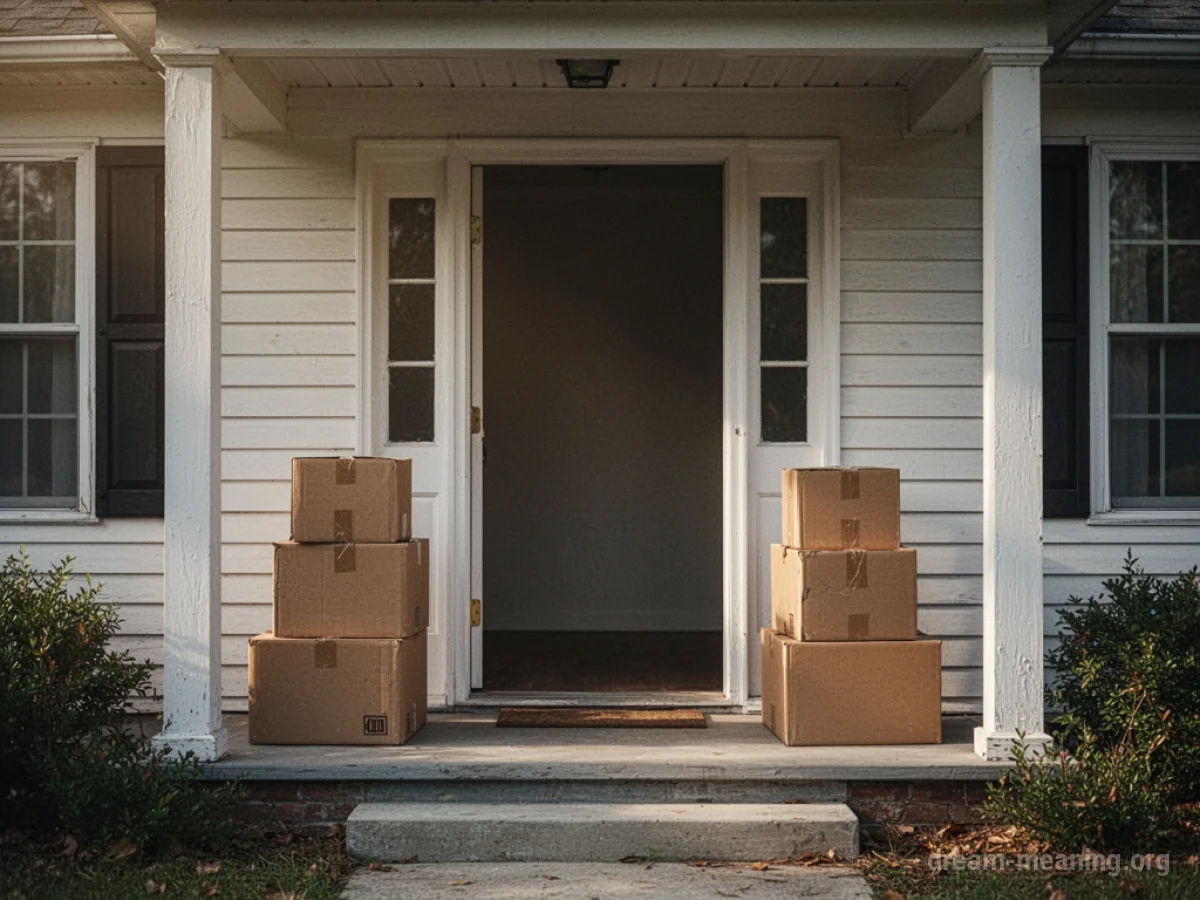 A moving truck parked in front of a house with packed boxes by the door.
