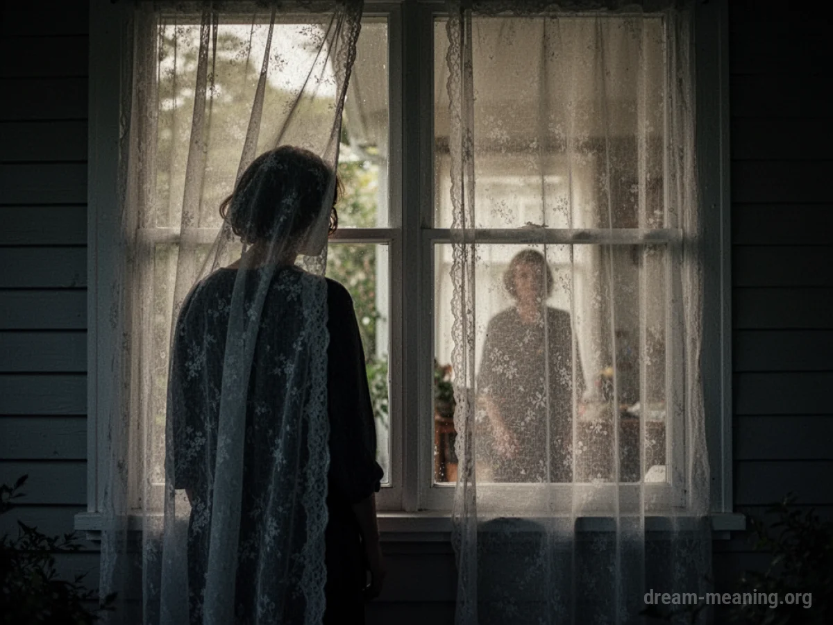 A shadowy figure seen through a window covered by curtains.