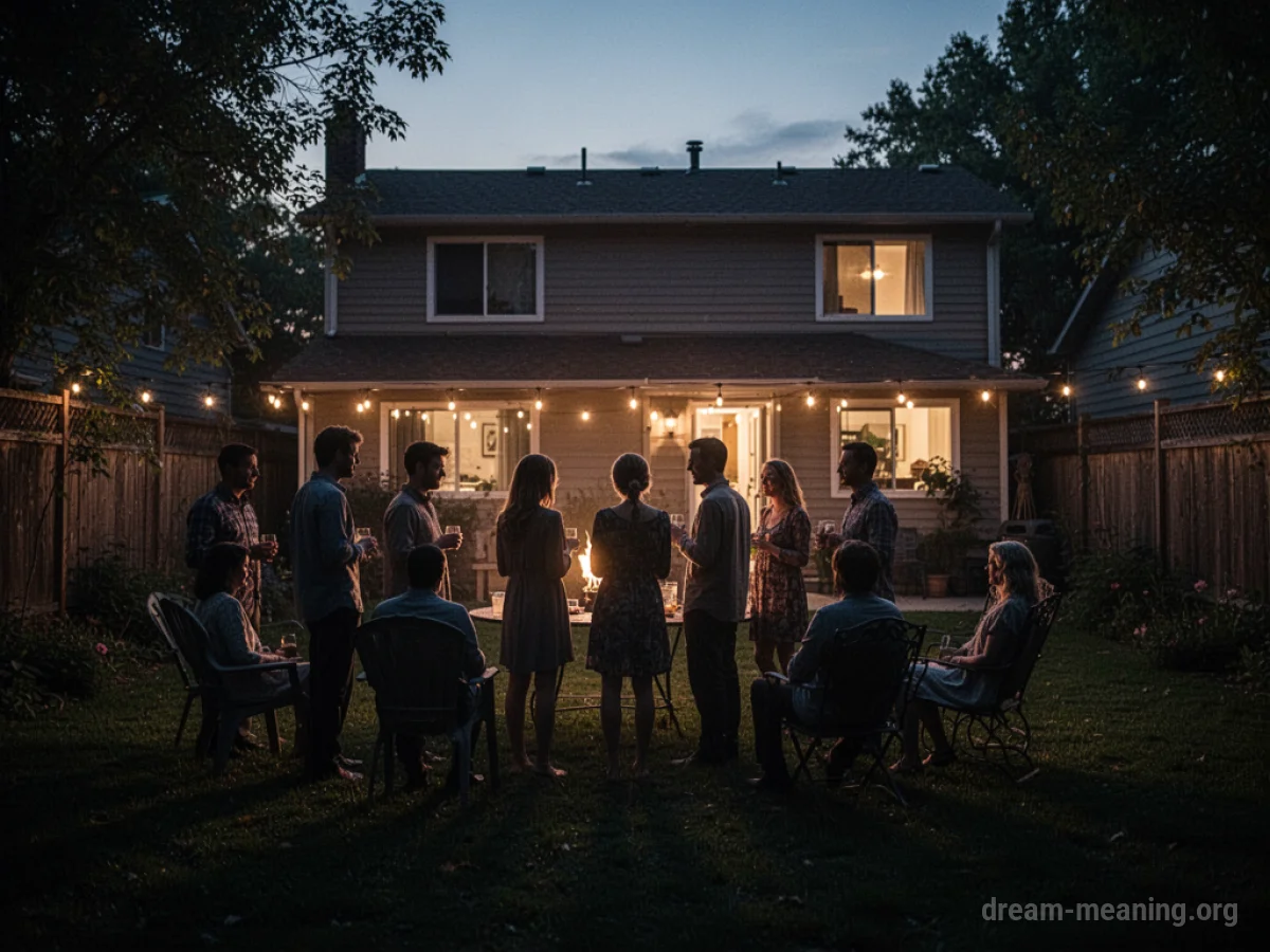 Silhouettes of people mingling in a yard with lights from a house.