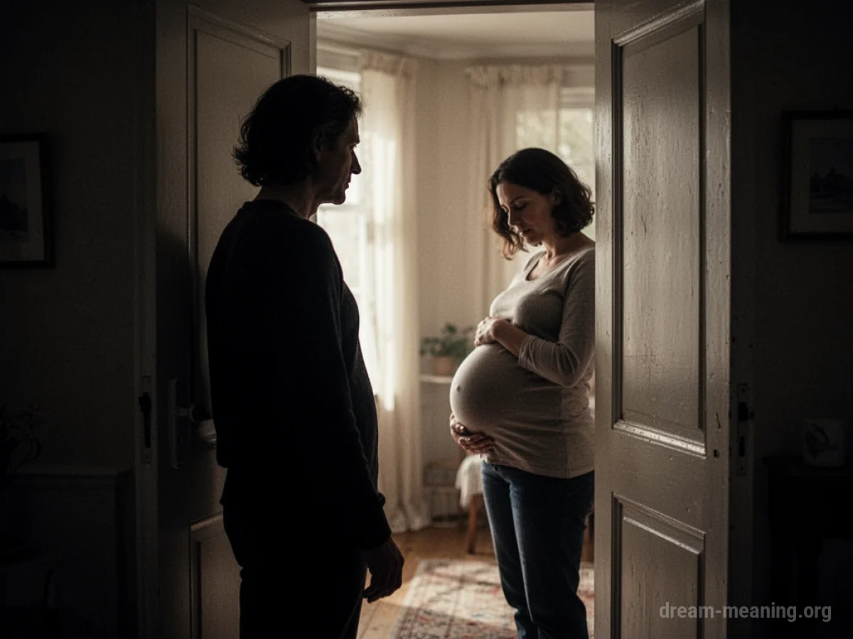 A person peeking through a doorway at another person holding their pregnant belly.