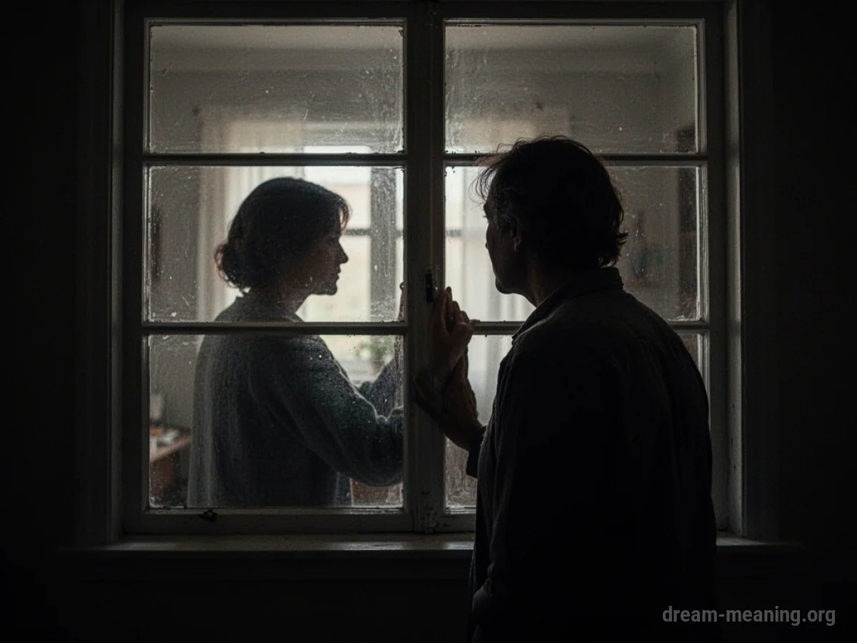 Silhouette of one person looking through a window at another person inside a room.
