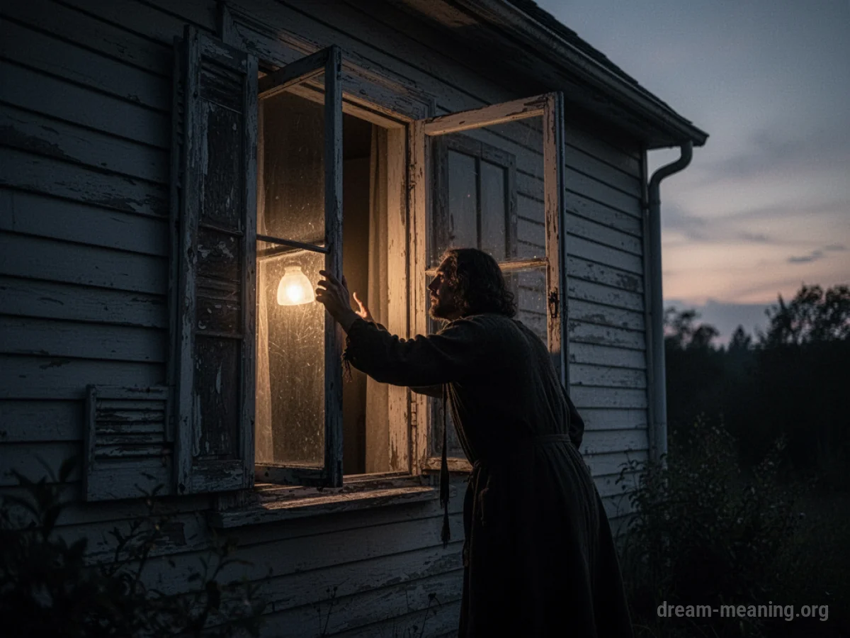 A silhouette of a person reaching into a lit house through an open window at twilight.