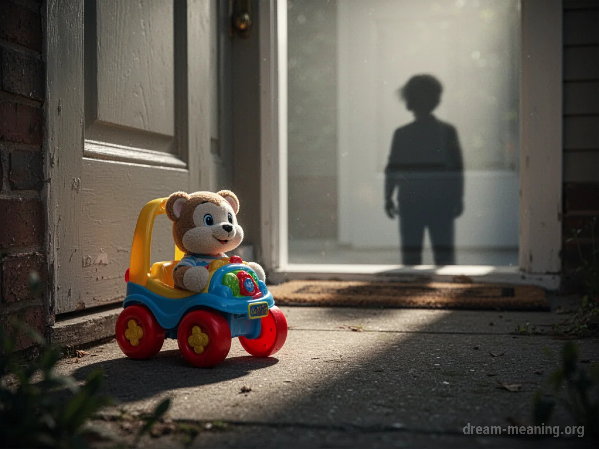 A toy on a doorstep with a distant figure in silhouette.