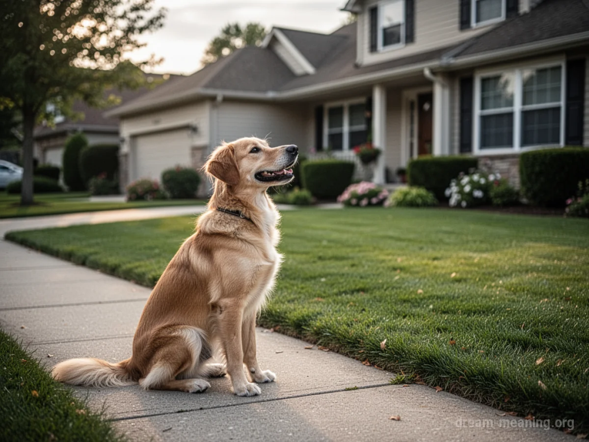 A dog sitting on a sidewalk in front of a house.