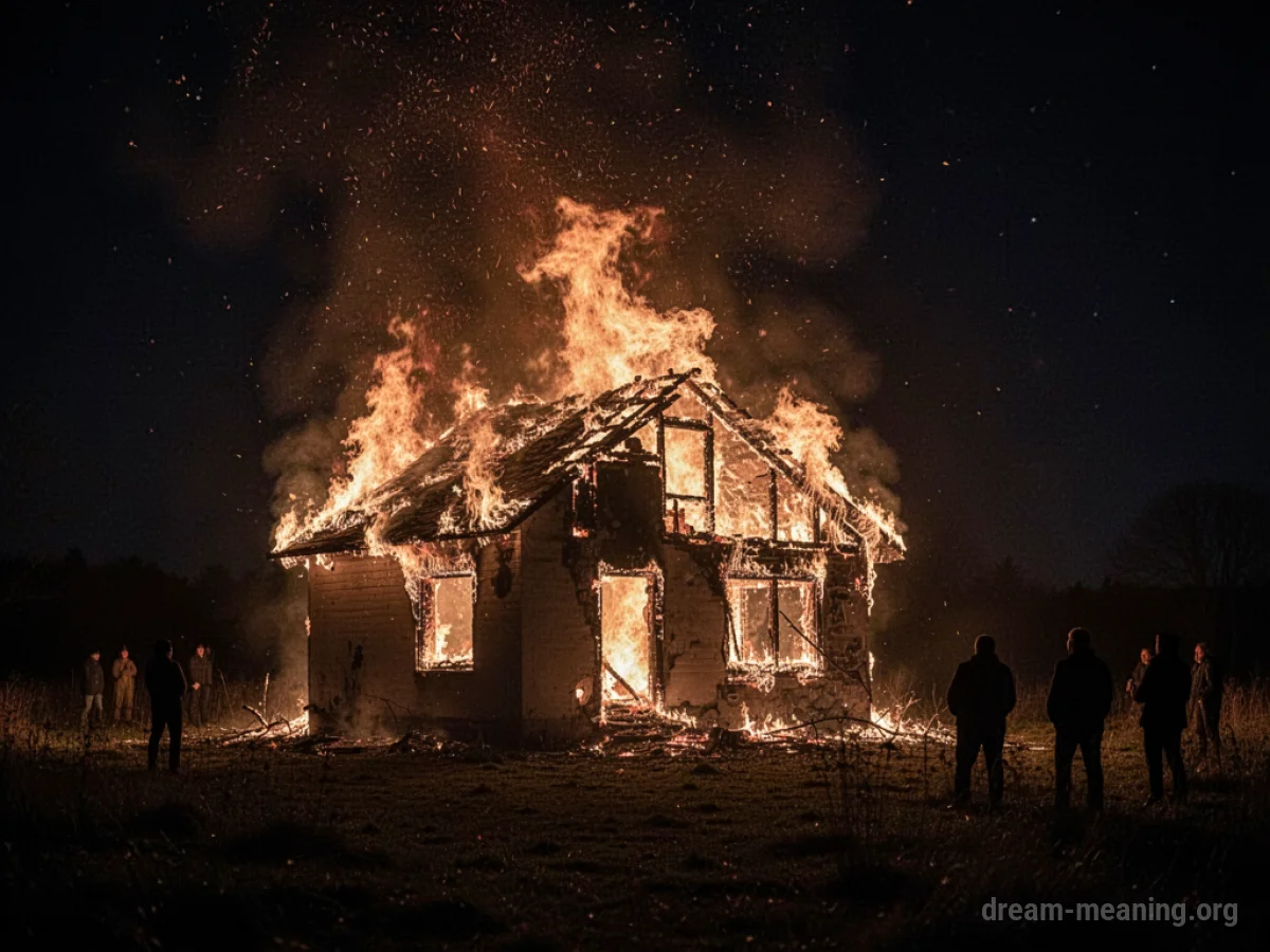 A house engulfed in flames under a starry night sky.