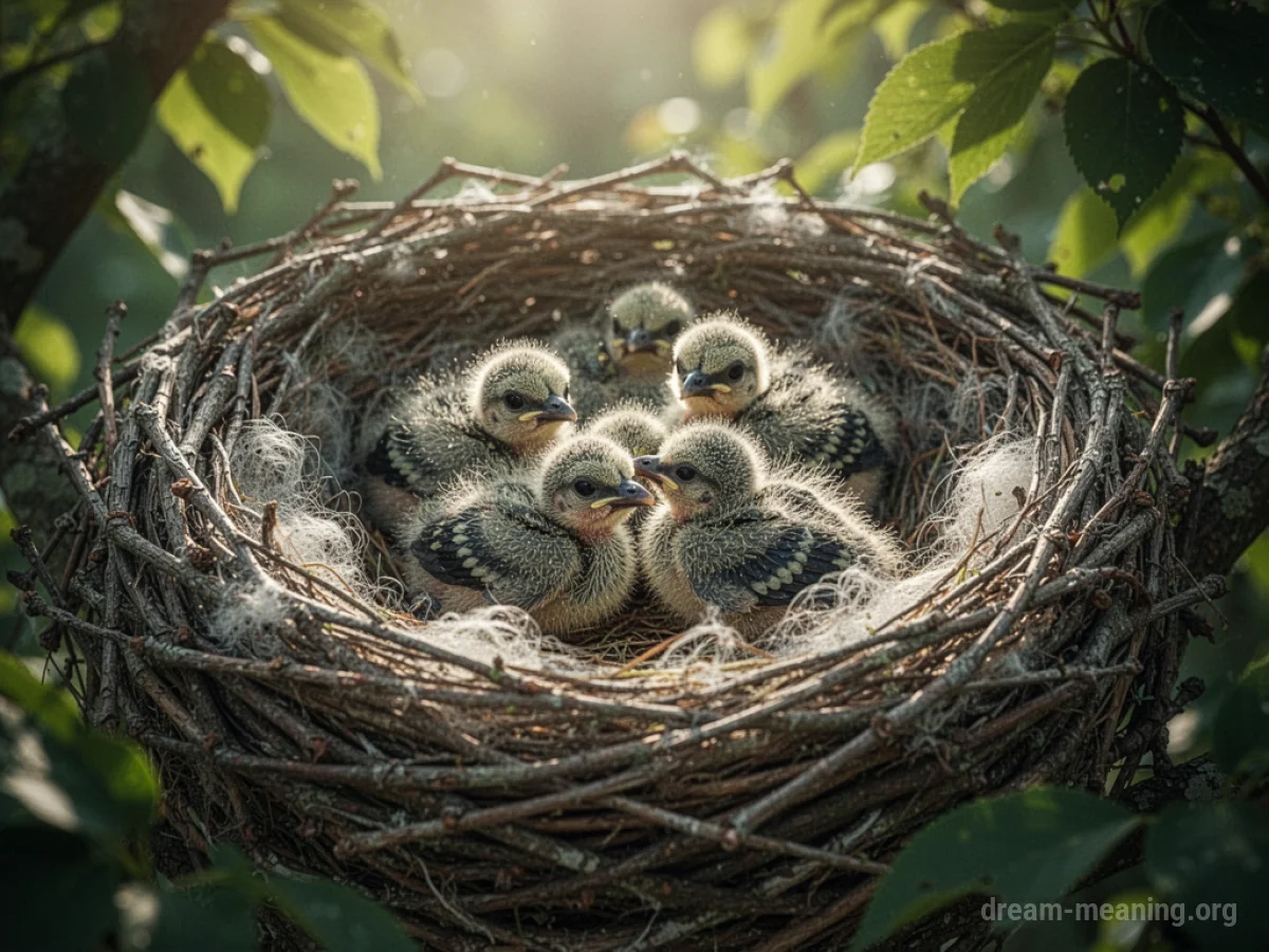 A close-up view of a bird's nest containing several small baby birds.