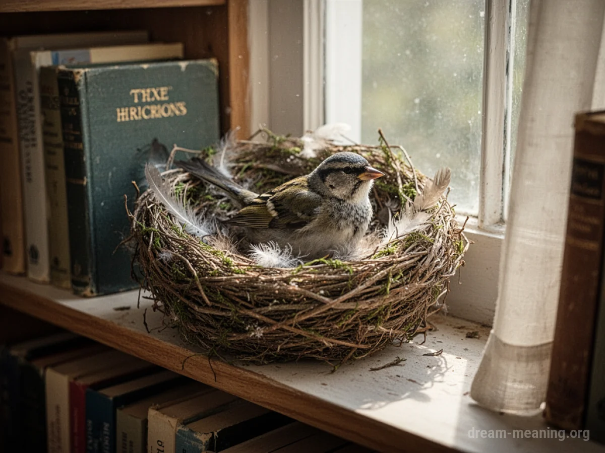 A bird's nest situated indoors on a piece of furniture.
