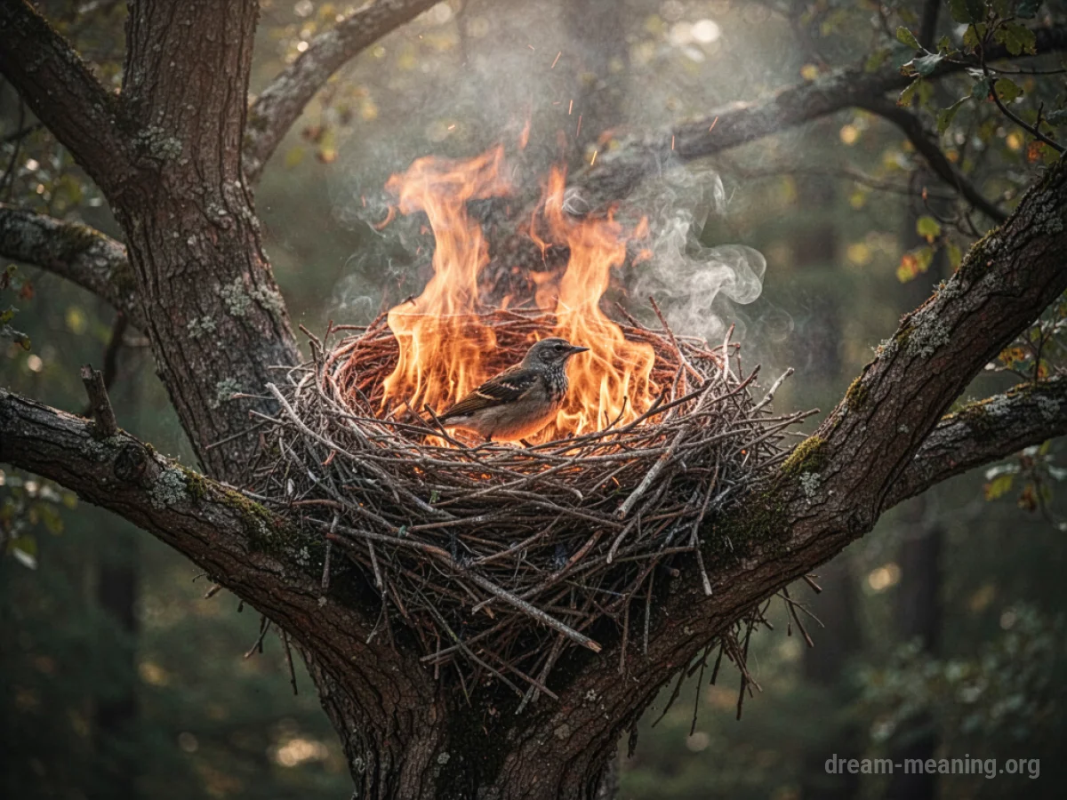 A bird's nest burning in a tree.