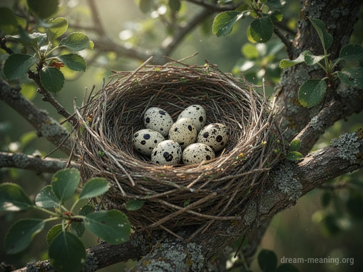 A bird's nest with eggs sitting in a tree.