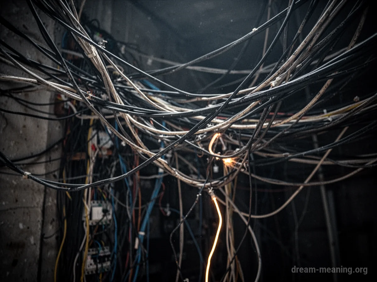 A complex and tangled mass of electrical wires.