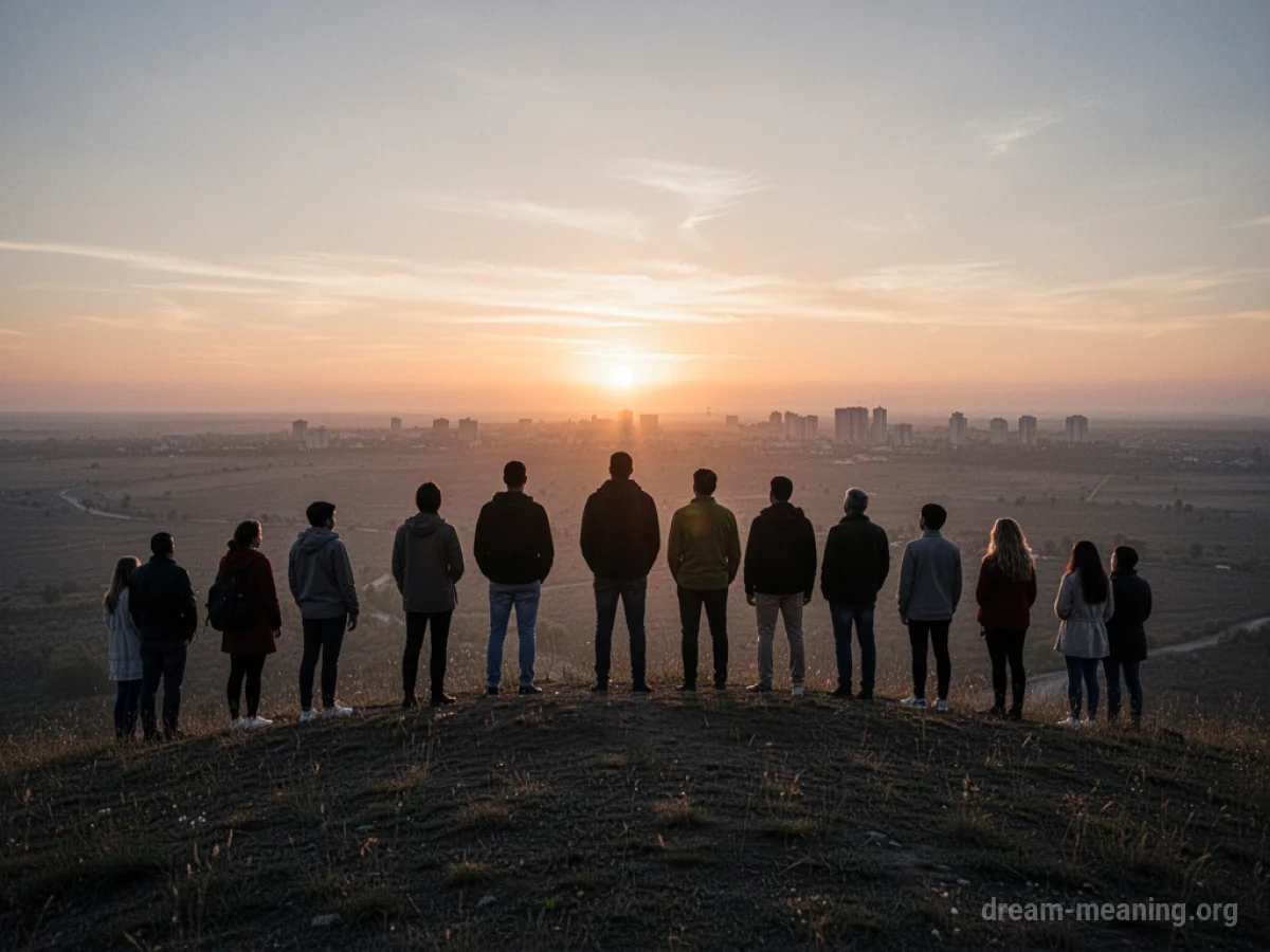 Silhouettes of people on a hill watching a sunrise over an empty landscape.