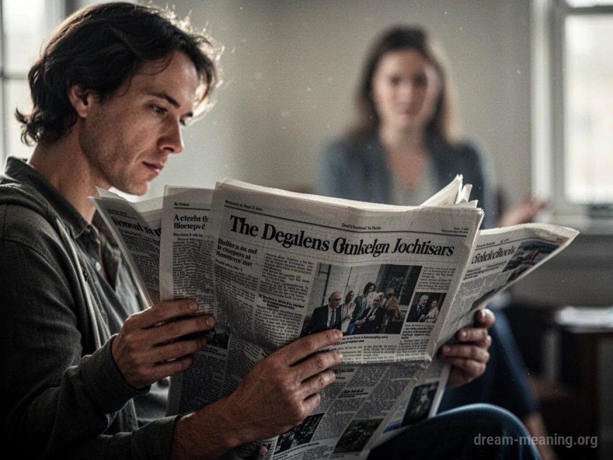 A person reading a newspaper with an indistinct figure behind them.