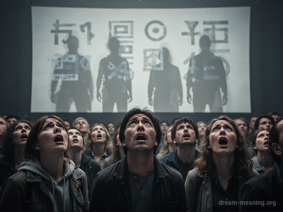 A group of silhouetted people gaze upwards with concern at a large screen showing abstract shapes.