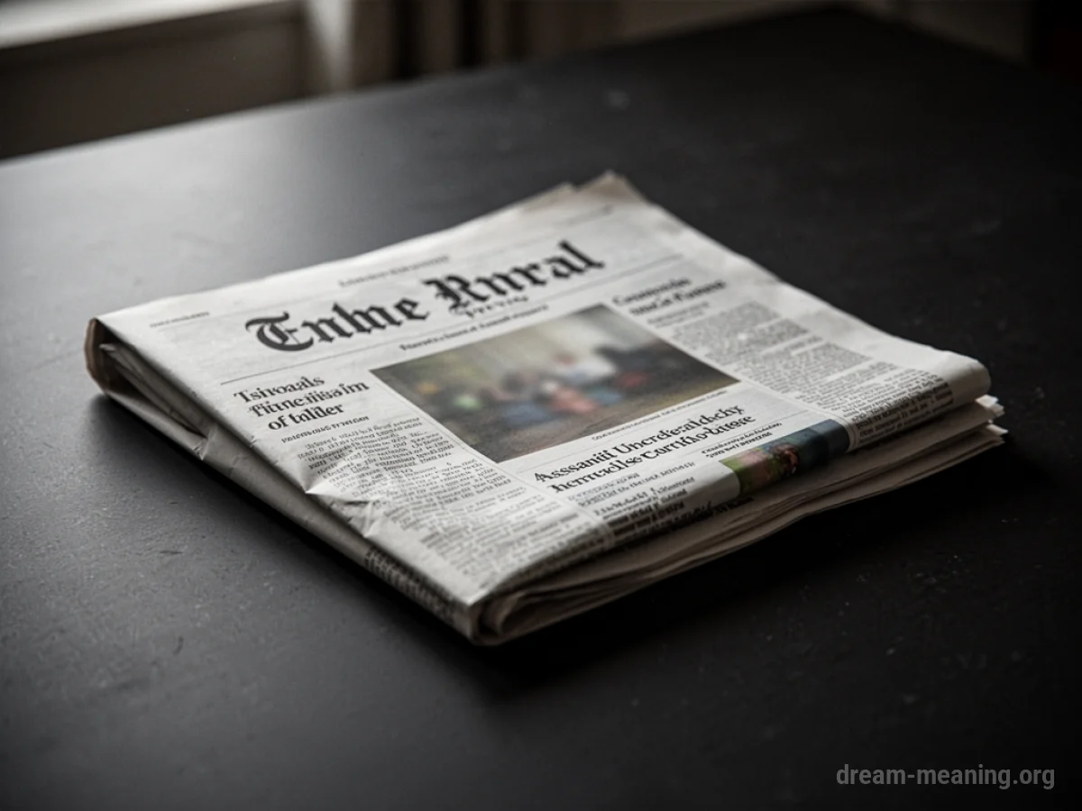 An unfolded newspaper resting on a dark surface, with an unreadable headline.