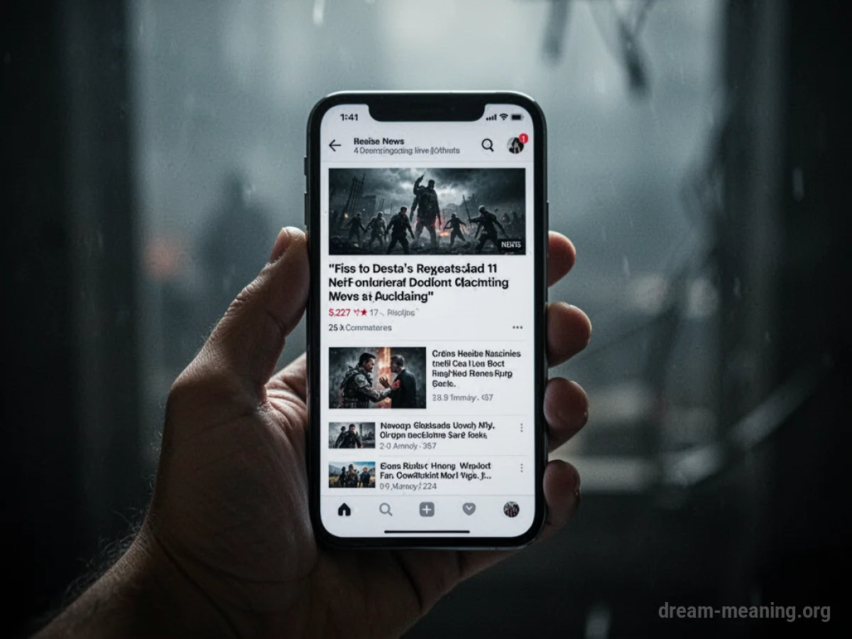 A hand holding a smartphone with a news feed displayed.