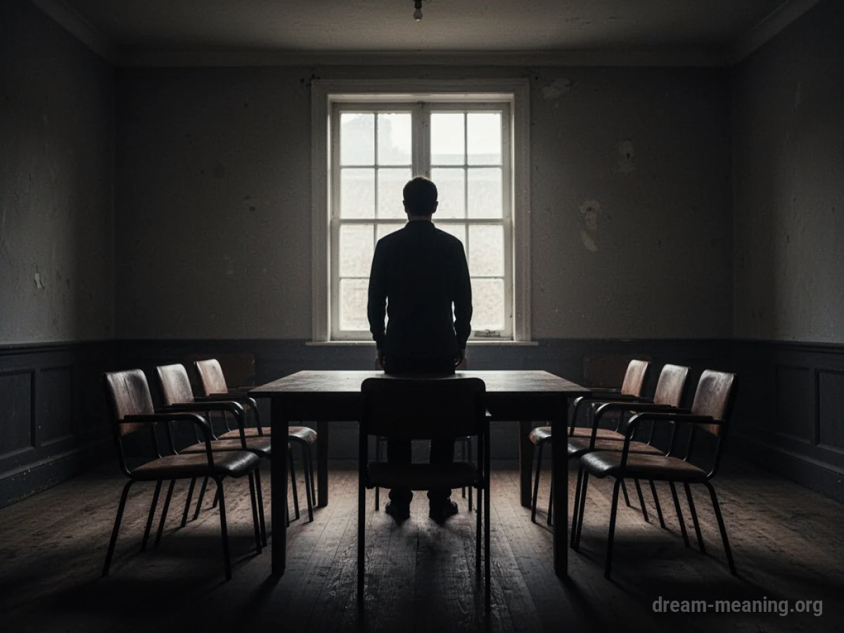 A solitary figure in a dark room with empty chairs.