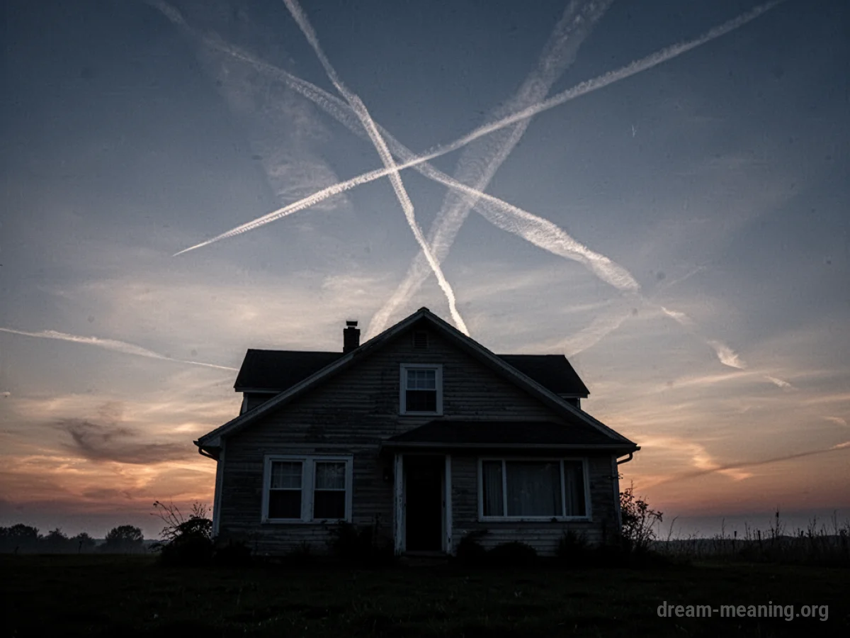 Silhouetted house under a sky with faint airplane trails.