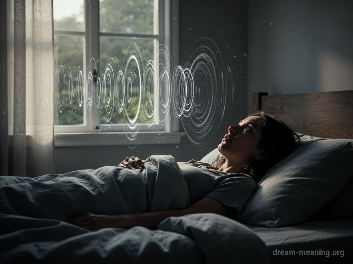 Silhouette of a person awake in bed with visible sound waves disrupting the room.