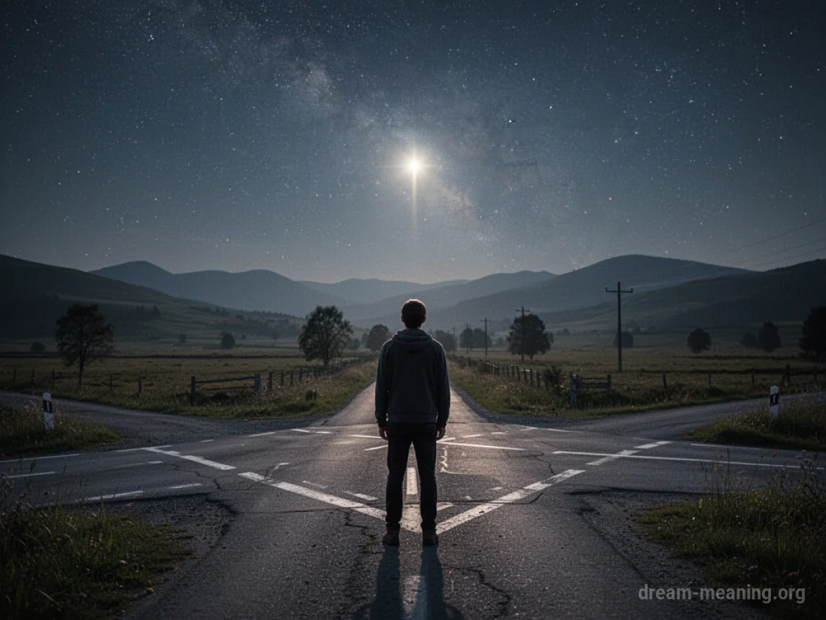 A person stands at a junction of paths, gazing towards a bright light in the northern sky.