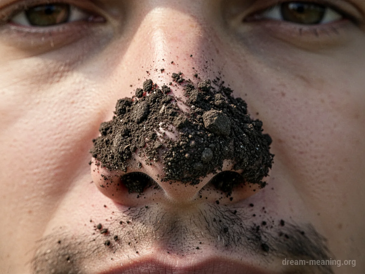 A human nose obstructed by dark soil.