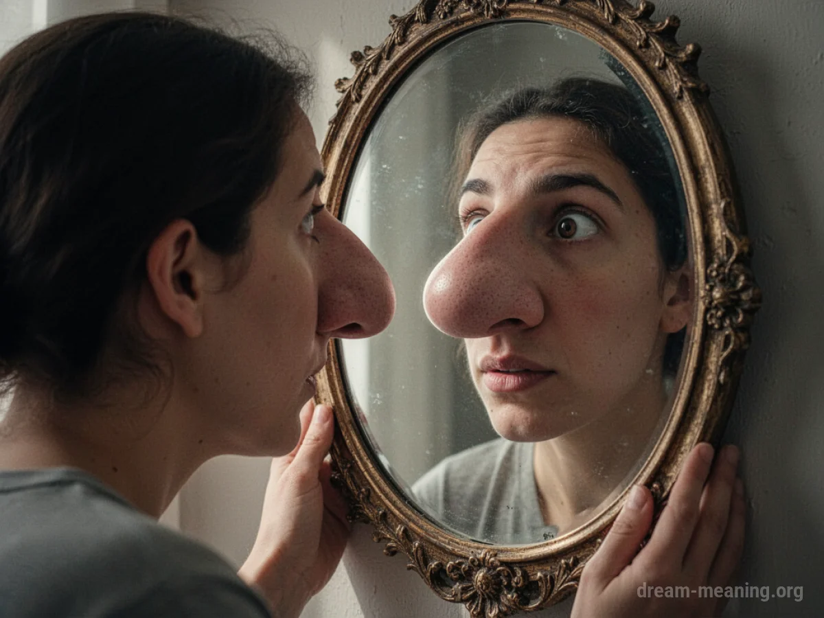 A person's reflection showing an enlarged nose.