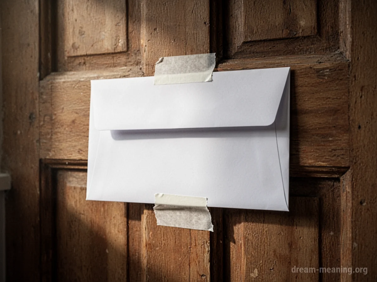 A white envelope attached to a wooden door.