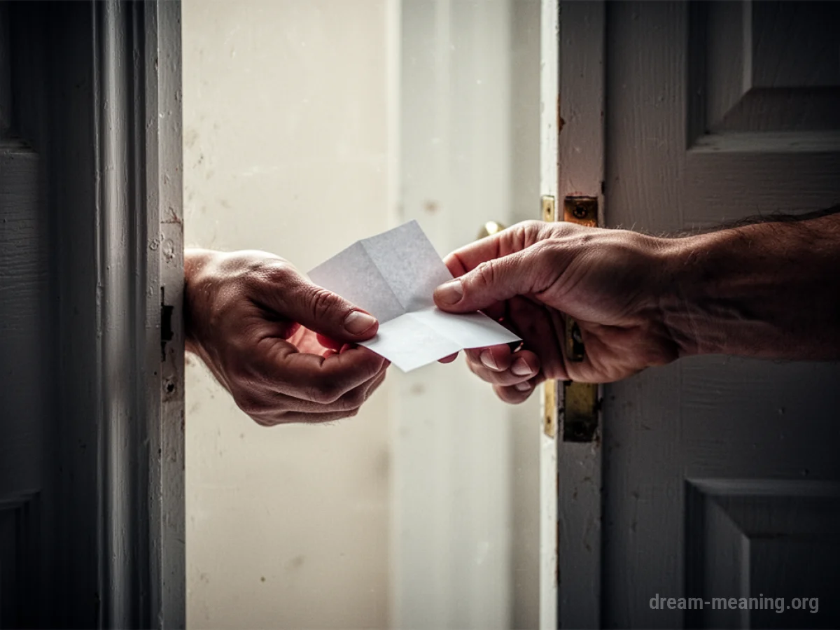 A hand holding a note, extending from behind a door.