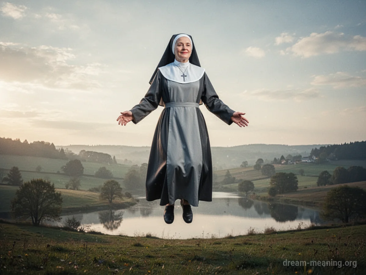 A nun wearing a habit is suspended in the air above a gentle hill.