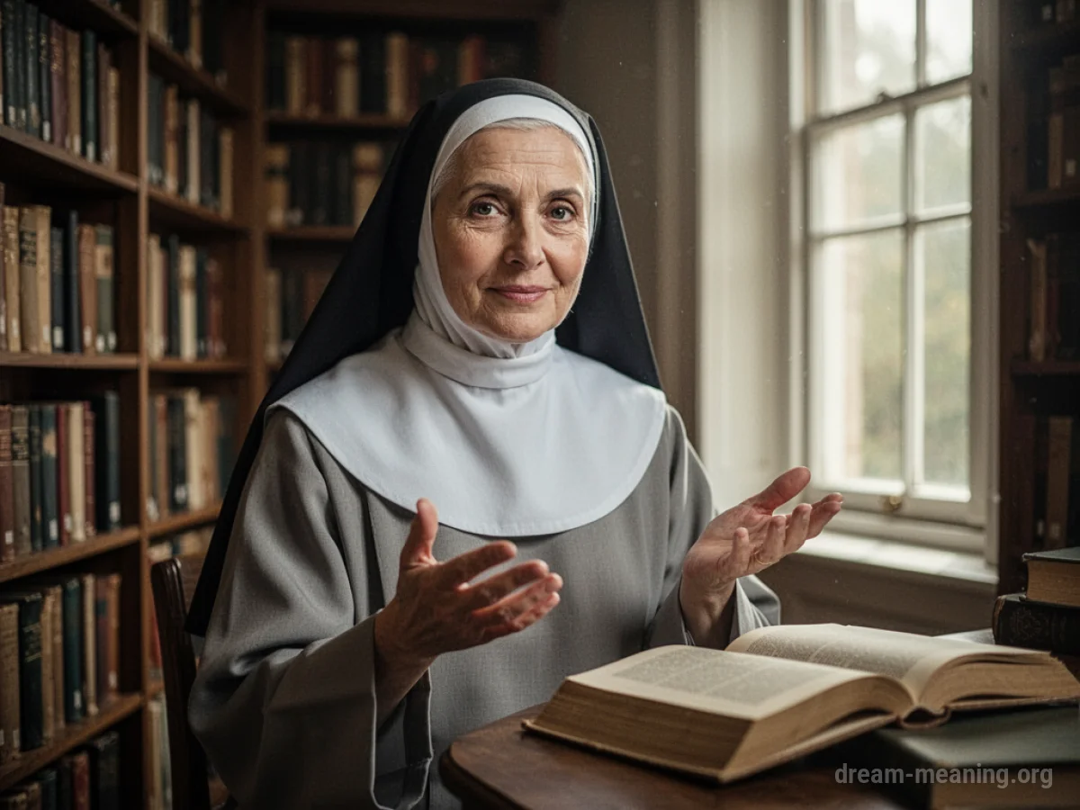A nun in traditional habit gestures with her hand while looking forward.