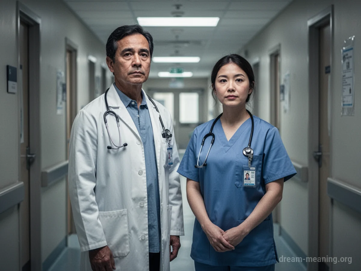 A doctor and a nurse stand together in a medical hallway.