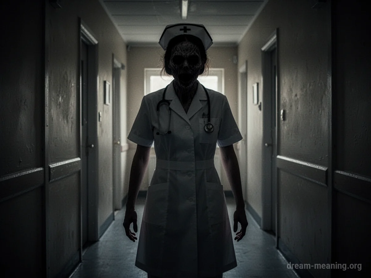 A dimly lit hallway with a shadowy figure in nurse attire.