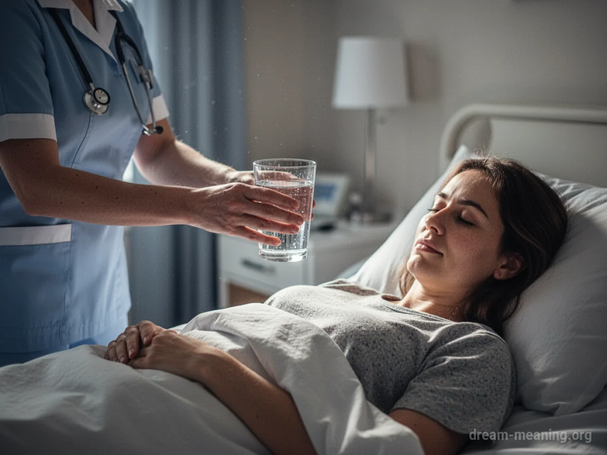 A nurse's hand holding a glass of water, reaching towards a person in bed.