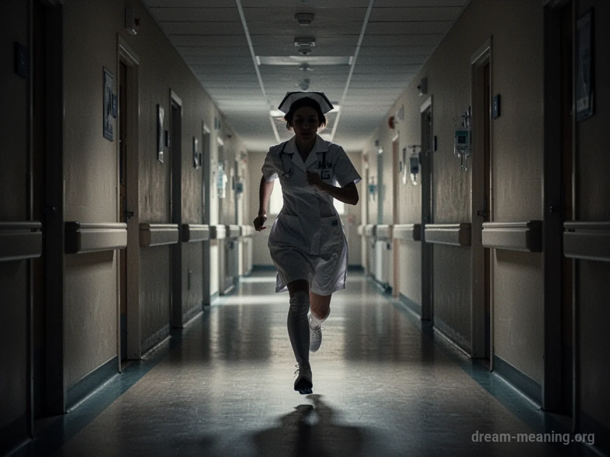 A blurred silhouette of a nurse running down a hospital hallway.