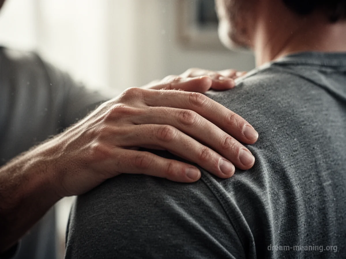A hand gently touching another person's shoulder.