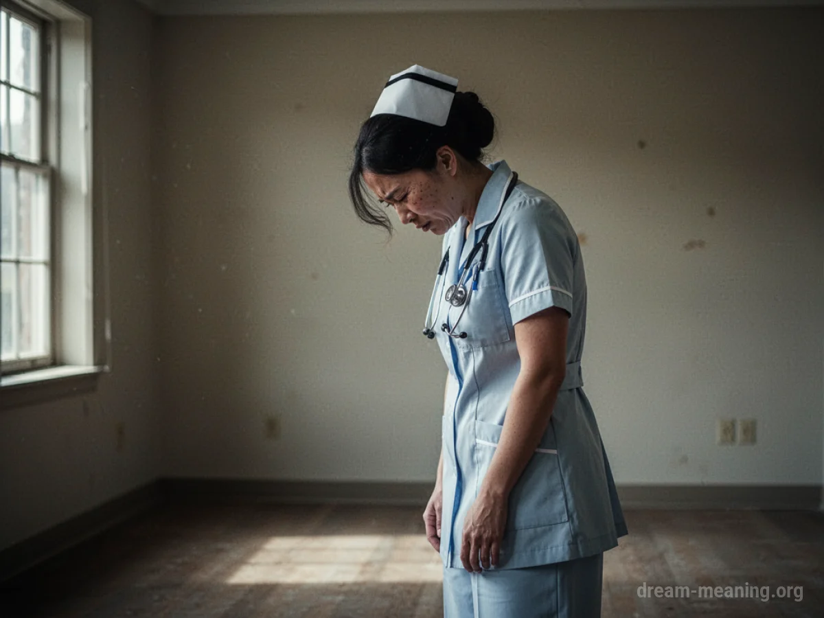 A nurse figure with head bowed in a dimly lit room.