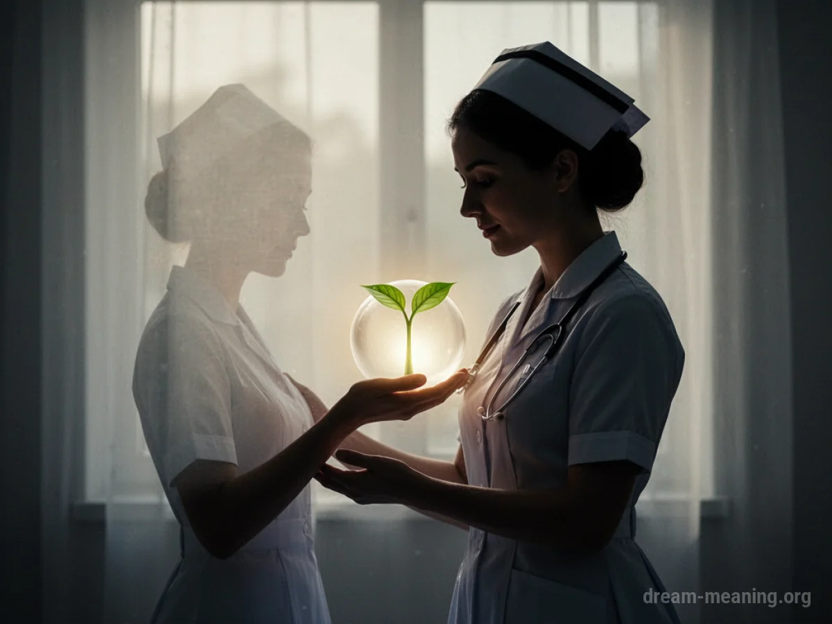 Silhouette of a nurse holding a glowing orb.