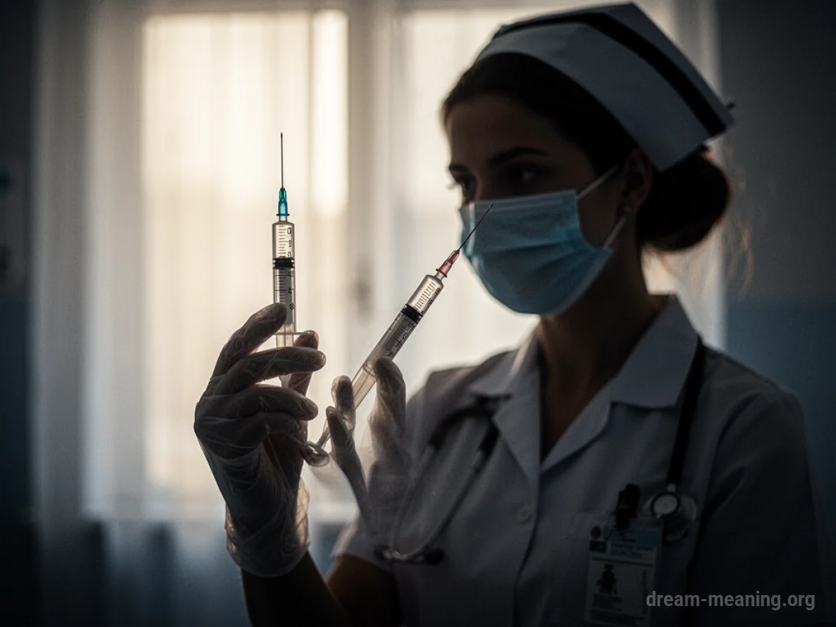 Silhouette of a nurse holding a syringe in a softly lit room.