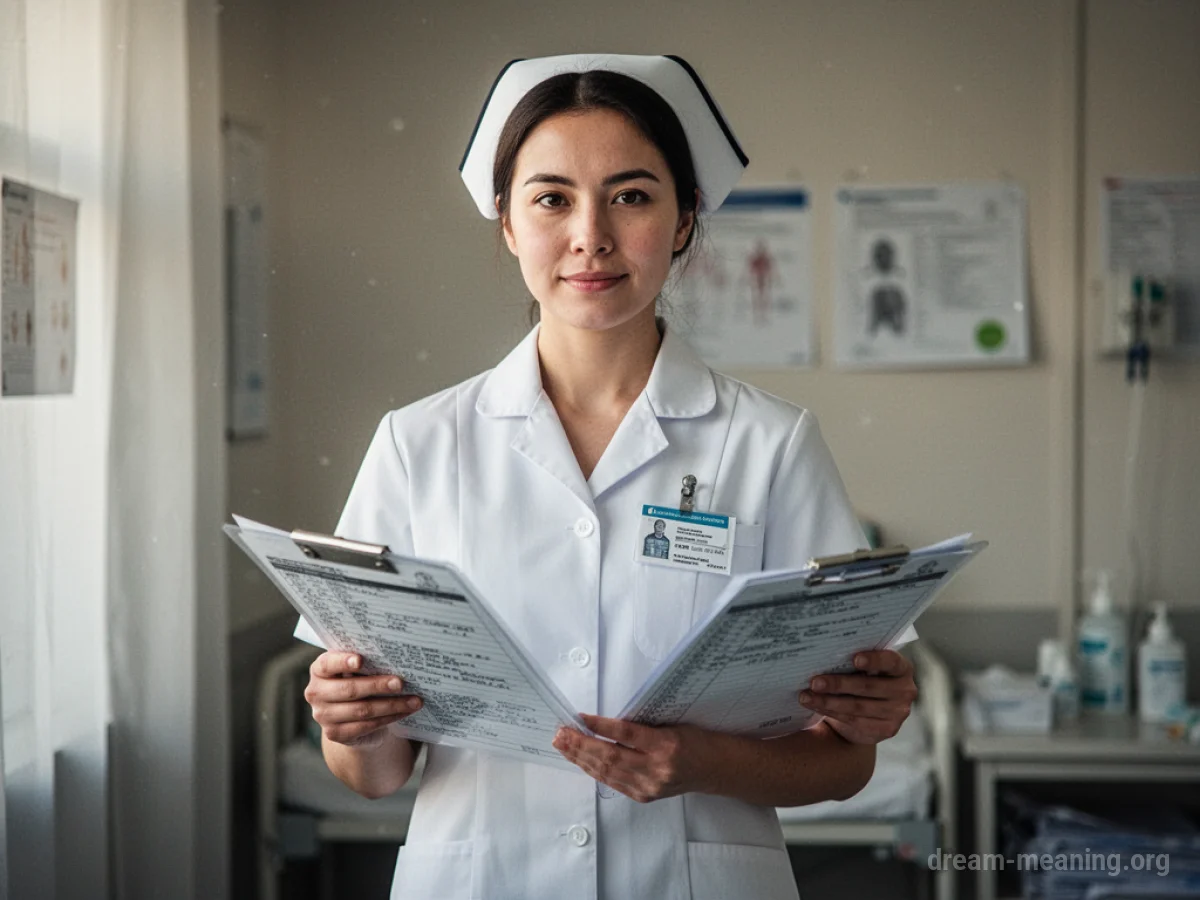 A person in a white nurse uniform holding a clipboard.