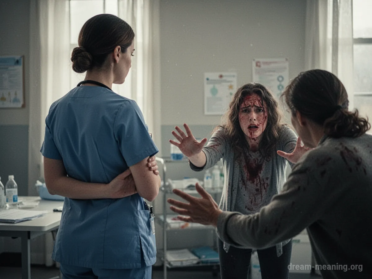 A nurse standing with arms crossed, back turned to a person pleading for help.