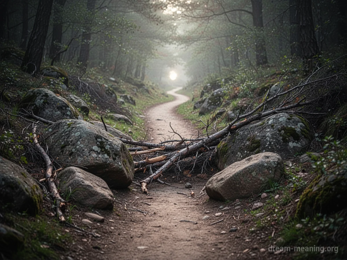 A narrow path blocked by rocks and branches.