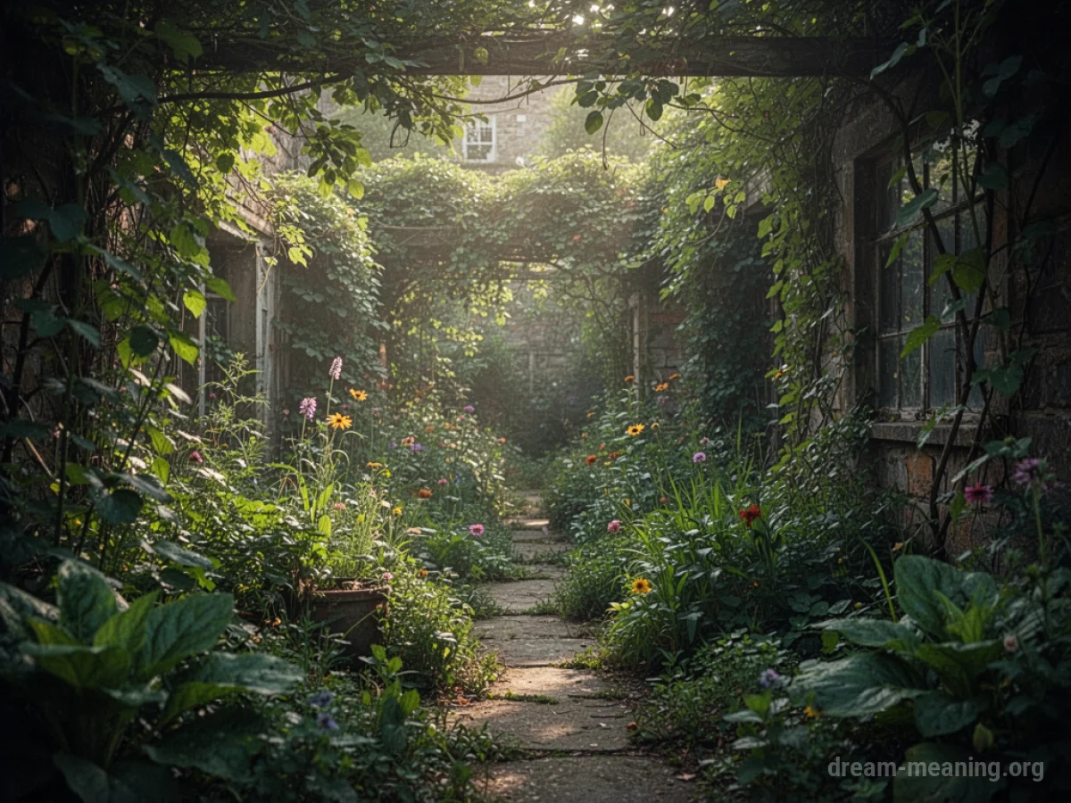 An overgrown garden with tangled vines and weeds covering a stone path.