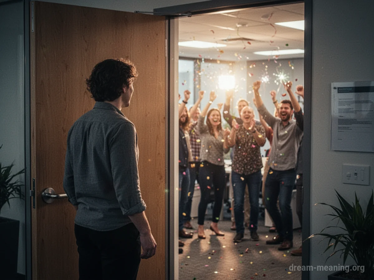 A person stands outside a closed office door, looking towards a room where colleagues are celebrating.