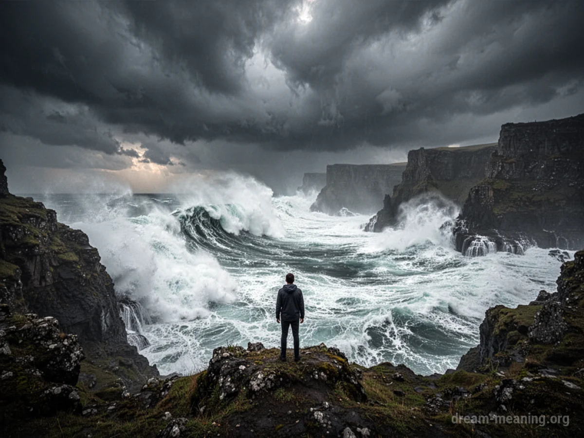 A tiny silhouette of a person facing a colossal, stormy ocean with dark clouds overhead.