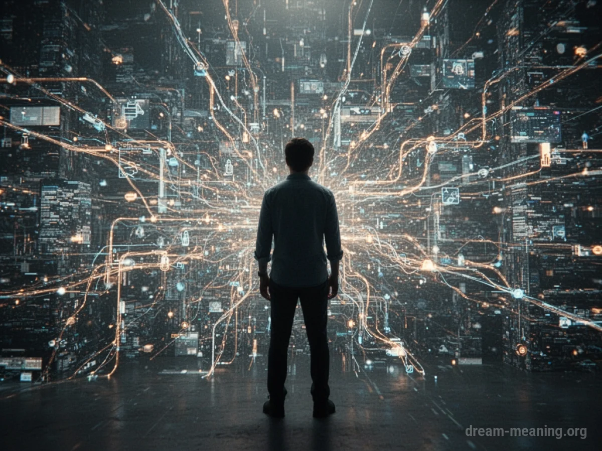 Silhouette of a person dwarfed by a large, intricate digital network.