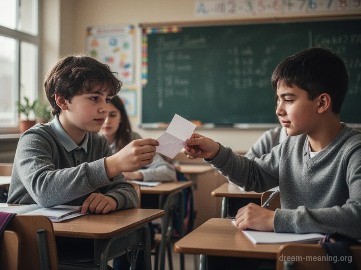 A student passing a folded piece of paper to another student in a classroom.